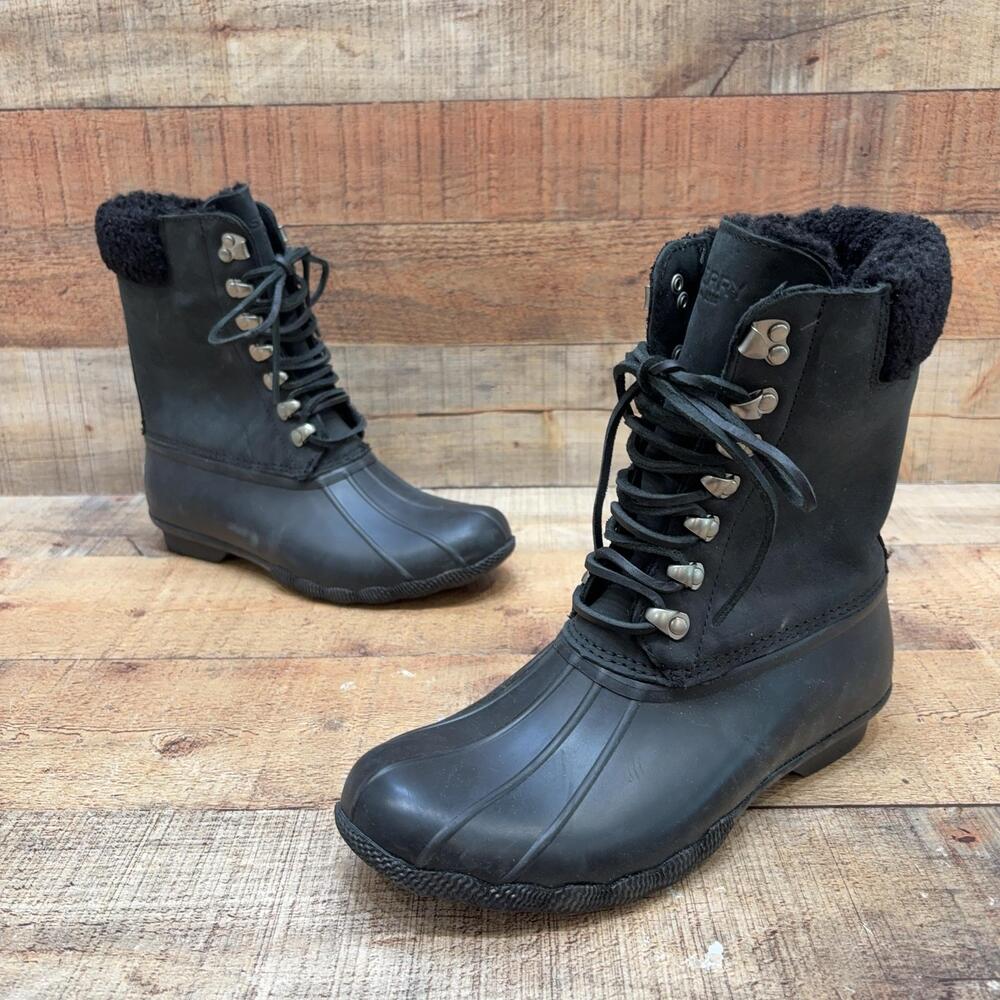 Sperry Snow Boots Womens Size 8 39 Black Leather Waterproof Mid Calf STS85399